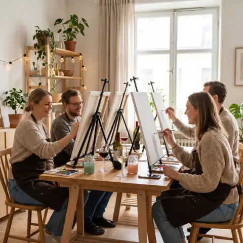 Fika Art målarworkshop – gäster målar tillsammans